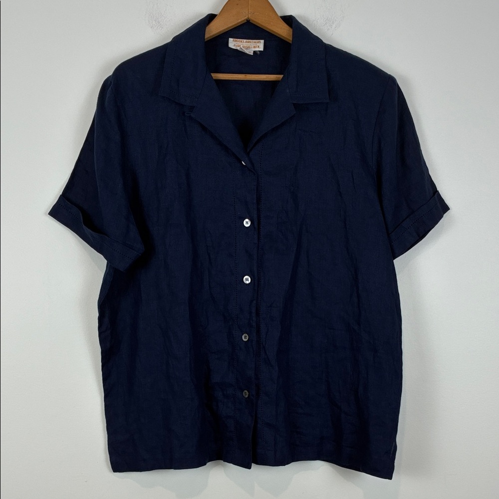 Brooks Brothers Women’s 14 Navy Short-Sleeve Button-Down Shirt 100% Irish Linen